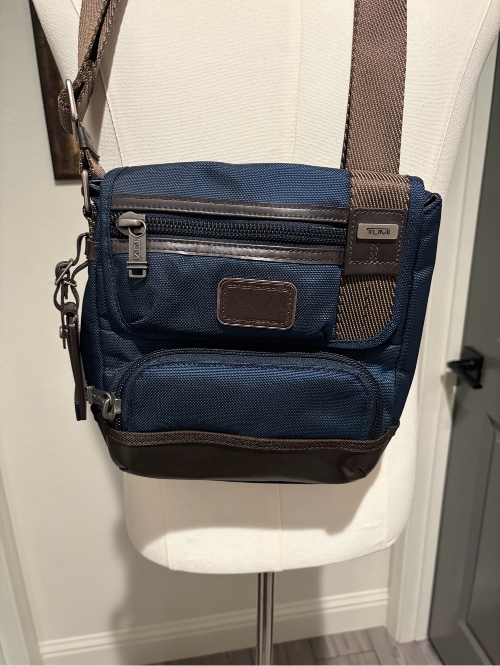 Tumi Navy and Brown Canvas and Leather Crossbody Messenger Bag